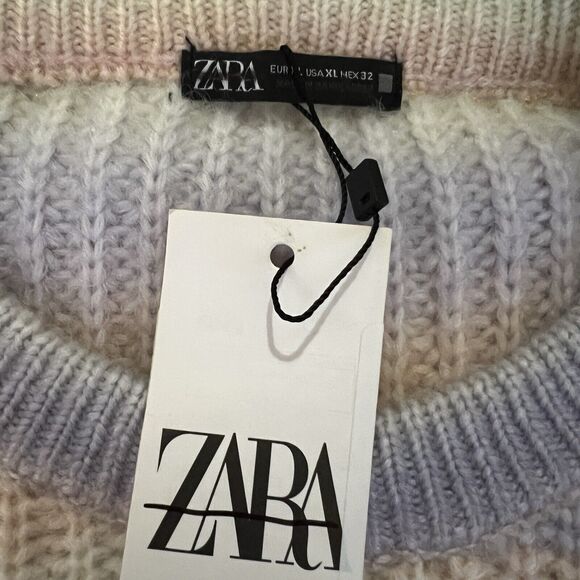 Zara Sweater Womens XL Rainbow Pastel Striped Knit Balloon Sleeves NEW - Picture 2 of 9